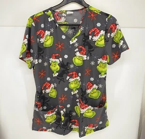 Camisa Médica Dr. Seuss Negra Verde Grinch Navidad Cuello en V Poliéster Mediana  - Imagen 1 de 4