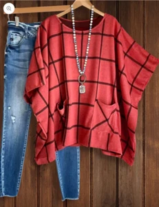 Southern Ivy Women's Minimalist Pullover Red Checked Top L - Picture 1 of 9