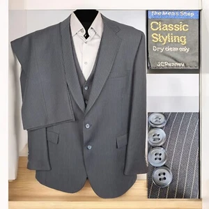JCPenney 3 Piece Suit Mens 48L 40X33 Dark Navy Stripe Vintage - Picture 1 of 14