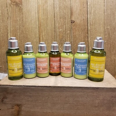 L'Occitane Amande 7 Piece  -  TRAVEL BATH SET - shamp. cond. body wash. lotion - Image 1 of 3