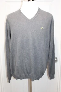 LACOSTE Gray Grey Cotton Knit V-Neck Sweater pullover Mens Size 7 2XL - Picture 1 of 6