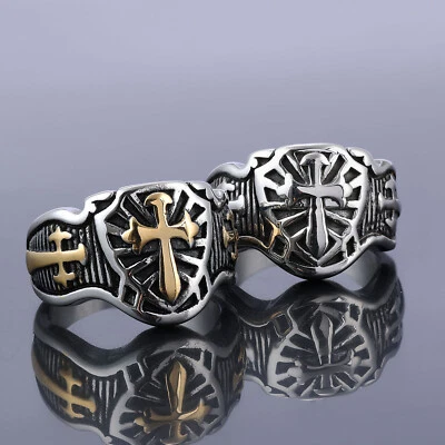 Cross Religious Ring Shield Men's Ring Personality Punk Trend Gold Silver - Image 1 of 3