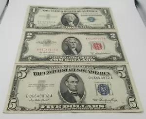 3 Note Lot $1 (1957B Silver Cert) $2 (1953A Red Seal) $5 (1953 Silver Cert)#804 - Picture 1 of 20