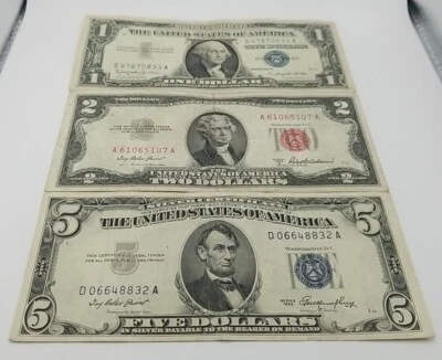 3 Note Lot $1 (1957B Silver Cert) $2 (1953A Red Seal) $5 (1953 Silver Cert)#804 - Image 1 of 4