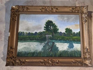 Gemälde kleine Bücke am Fluss in stark beschädigtem Barockrahmen - Bild 1 von 6