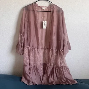 EASEL Size M Sheer Open Front Long Cardigan/Cover Up Mauve Lace Detail Flowy NWT - Picture 1 of 6