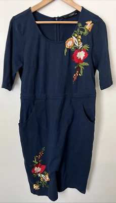 Eshakti Knit Jersey Floral Embroidered Dress Navy Blue Red Flowers L 10/12 - Image 1 of 4
