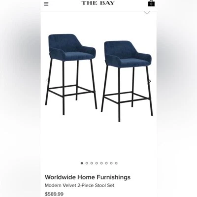 Blue Velvet 2-Piece Counter Height Stool Set. NEW - Image 1 of 4