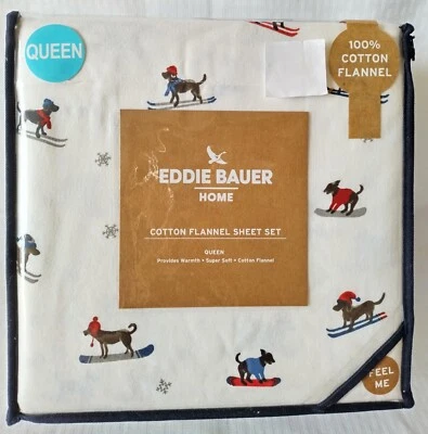 Eddie Bauer 100% Cotton Flannel Queen Sheet Set Dogs Snowboard Ski Patrol NEW - Image 1 of 4