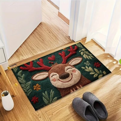 Christmas Bath Mat Fluffy Deer Absorbent Non Slip Bathroom Rug for Shower Floor