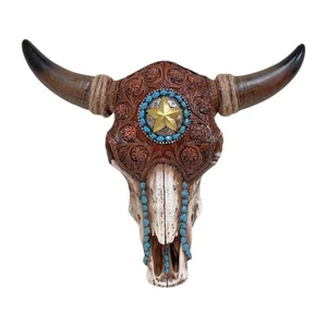 Bull Bison Skull Tooled Leather Southwest Western Wall Art Hanging Decoration - Picture 1 of 7