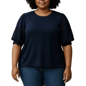 Design History Sweater Plus Size 2X Navy Blue Knit Lace Puff Sleeve Cotton - Picture 1 of 6