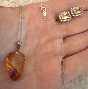 Vtg LIGHTCATCHER PENDANT Sterling Silver Imperial Topaz Necklace Earrings LOT - Picture 1 of 5