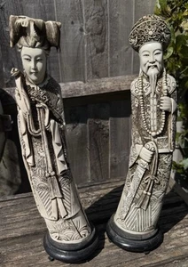 Pair Vintage Carved Chinese Emperor & Empress Figures - Picture 1 of 8