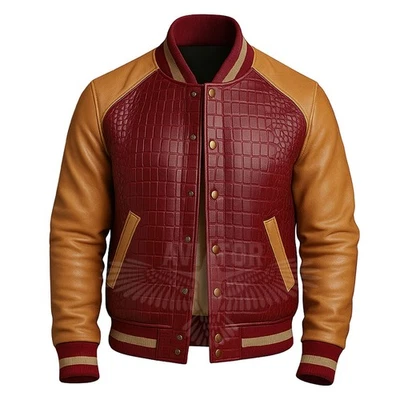 Mens Varsity Letterman Jacket Croc Leather Bomber Retro Handmade Baseball Style - Image 1 of 4
