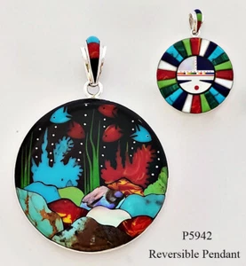 ARTISTIC OCEAN SCENE TURQUOISE ONYX INLAY .925 SILVER SUNGOD MEDALLION PENDANT - Picture 1 of 3