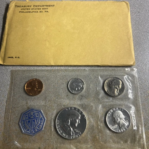 1963 U.S. MINT SILVER PROOF SET WITH 5 BU COINS IN ORIGINAl ENVELOPES FREE SHIP Cover