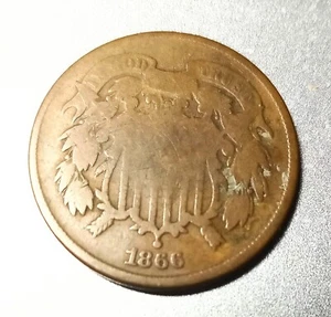 2 Cent Piece 1866 Reconstruction Period Copper Coin - Picture 1 of 4