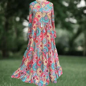Bohemian V Neck Tassel Tie Frill Hem Maxi Dress Size Medium - Picture 1 of 3