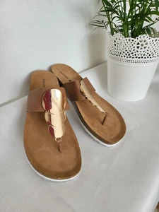 Damen Schuhe Sandalen Zehentrenner Beige Gold Neu Gr. 39 - Bild 1 von 6