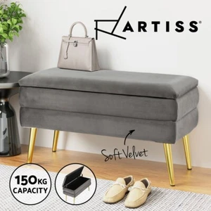 Artiss Ottoman Storage Foot Stool Bench Velvet Stripe Foot Rest Padded Seat Grey - Picture 1 of 8