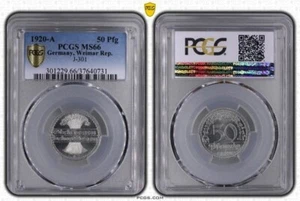 Weimar 50 Pfennig	1920 A Erhaltung ST PCGS MS66 J.301 Weimarer Republik Münze - Bild 1 von 1