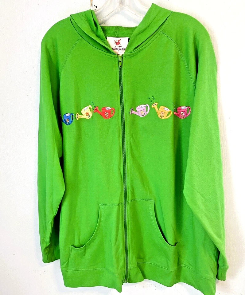 Sudadera con capucha Quacker Factory nueva sin etiquetas verde brillante con cremallera, apliques para regaderas - 1X Foto 1 de 1