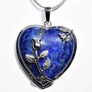 Natural Lapis Lazuli Heart Pendant + 20" Stainless Steel Chain & Selenite Heart  - Picture 1 of 11