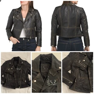 Chaqueta de motociclista Bod & Christensen de cuero recortado para mujer talla grande negra beige $475 - Imagen 1 de 11
