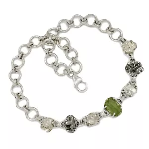 Natural Genuine Czech Moldavite & Herkimer Diamond 925 Silver Bracelet SB17433 - Picture 1 of 1