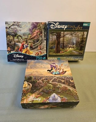 3 Disney Fine Art Puzzles Snow White Aladdin 750-1000 Pieces ~ Complete - Image 1 of 4