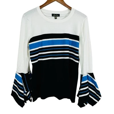 Suéter Melissa Paige Blanco Azul Rayas Mangas Campana Mujer Talla M Nuevo sin Etiquetas Foto 1 de 4