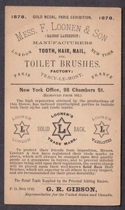 1879 AD Postkarte Mess F Loonen & Son Toilettenbürsten Zahn Haare Nagel New York - Bild 1 von 2