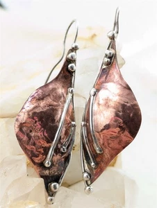 Pendientes colgantes vintage de plata esterlina con vaina de semillas de hoja de cobre 4,7 gramos firmados - Imagen 1 de 7