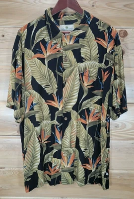 ISLAND SHORES Hawaiian Shirt Floral Bird of Paradise Men XL Black Rayon - Image 1 of 4