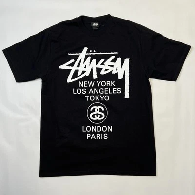 New Stussy World Tour Tee Shirt Black Mens Size Medium Double Sided Logo 2025 - Image 1 of 4