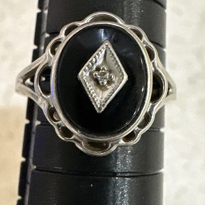 Anel feminino vintage Art Deco ouro branco 10KT ônix preto tamanho 6 marcado Klein - Imagem 1 de 4