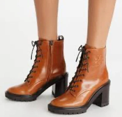 Botas Tory Burch Doble T Marrón Con cordones Suela Tacón Bloque Cuero Cremallera Combate Foto 1 de 4