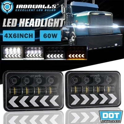 Par de faros LED DRL de 4x6" para Freightliner FLD120 FLD112 señal de giro dinámica Foto 1 de 4