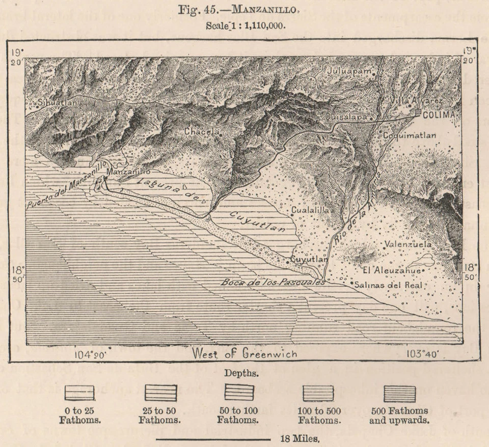 Manzanillo, Colima. Laguna de Cuyutlan. Mapa antigo do México 1885 mapa plano gráfico - Imagem 1 de 1