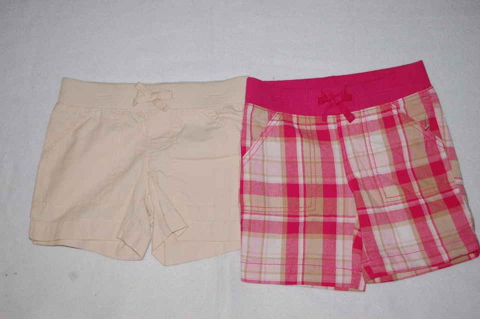 Girls Shorts 2 PAIR LOT Beige Chinos PINK WHITE BEIGE PLAID BERMUDA Size S 6-6X - Image 1 of 1