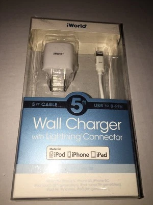 Brand New-iWorld 5ft Wall Charger w/Lightning Connector For iPhone MFI Certified - Image 1 of 4