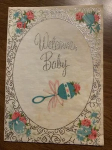 Vtg 1960s New Baby Newborn Wecolme Baby Card Baby Rattle Flowers Silvers P8b - Picture 1 of 17