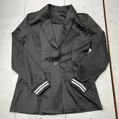Chaqueta Blazer Mujer Negra Acanalada Puños a Rayas Botón Delantero Mujer Talla Grande Foto 1 de 4