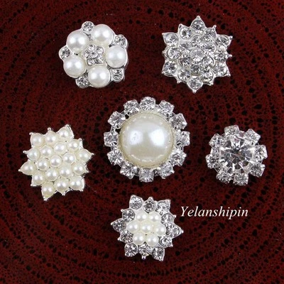 30pcs Clear Crystal Flatback Silver Pearl Rhinestone Buttons For Hair Accessory - Image 1 of 4