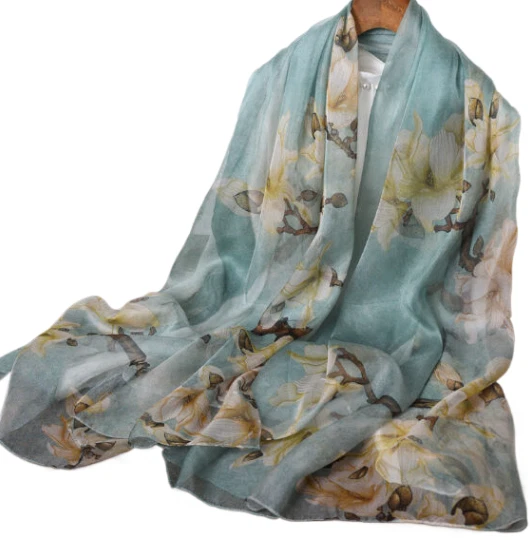 100% Silk Scarf Women neckerchief large Shawl Wrap Floral green yellow HD118-3 - Image 1 of 1