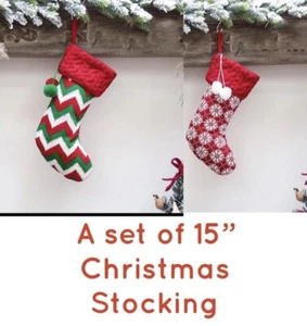 2 Pcs Christmas Stocking Classic Paid&Snowflake Stocking 15” - Picture 1 of 10