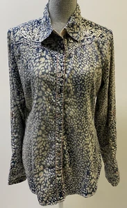 ROAR Blue Women's Large Animal Print Embroidered Rhinestone Long Sleeve Button - Picture 1 of 9