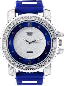 Techno Pave Men's 52mm Iced Out Roman Dial Watch with Blue Silicone Band - Picture 1 of 4