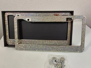 Bling White Rhinestone License Plate Frames in Gift Box 2 Pack Complete Open Box - Picture 1 of 11